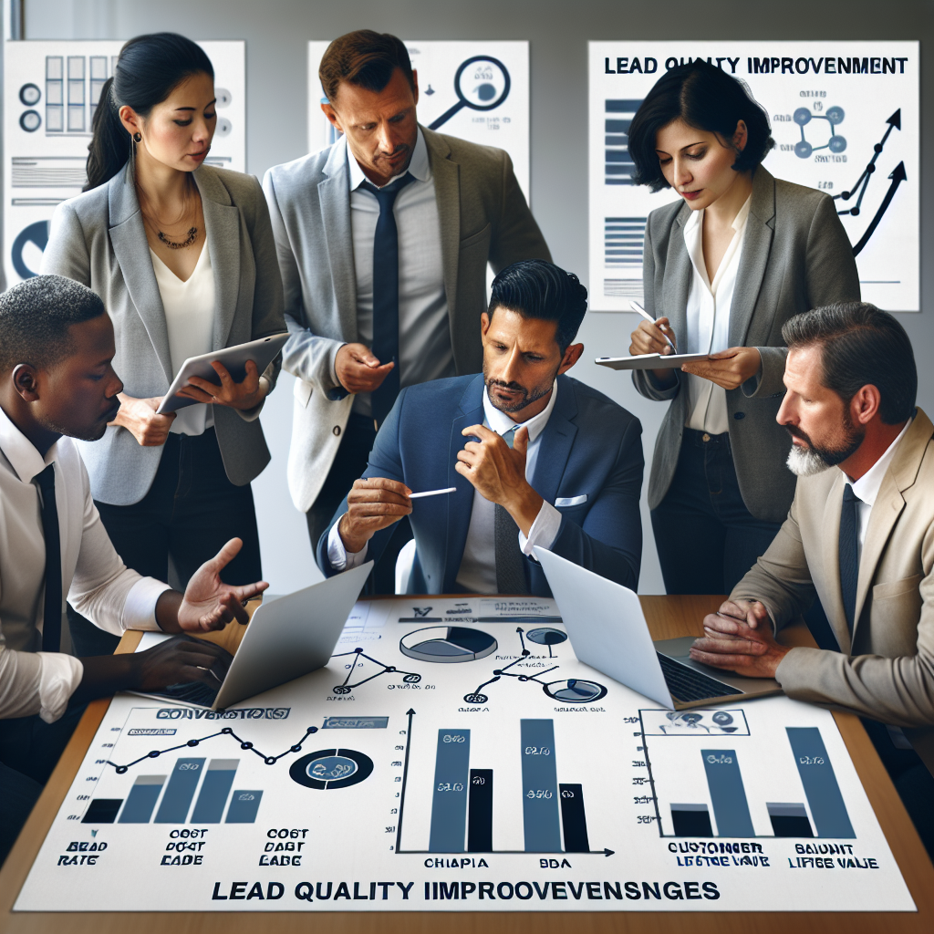Generate an image of a business meeting scenario where IT service executives are discussing lead quality improvement strategies. Their table is covered with reports and tablets showing conversion rate, cost per lead, and CLV metrics. The setting should be professional and collaborative, with a focus on teamwork and innovation.