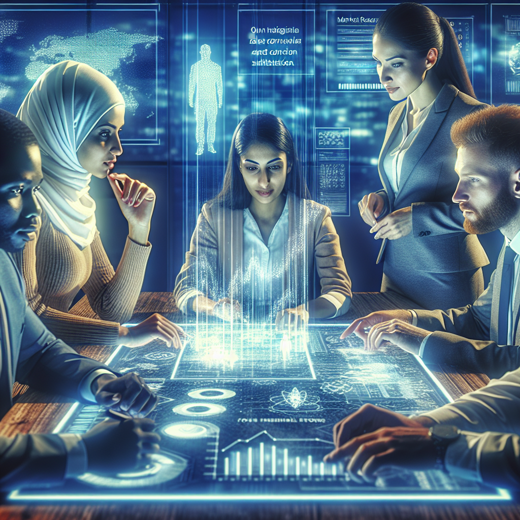 an image of a futuristic training room filled with IT professionals engaging in a strategic workshop, with holographic displays showing market trends and sales conversion statistics. The image should convey a sense of deep market knowledge and collaborative learning.
