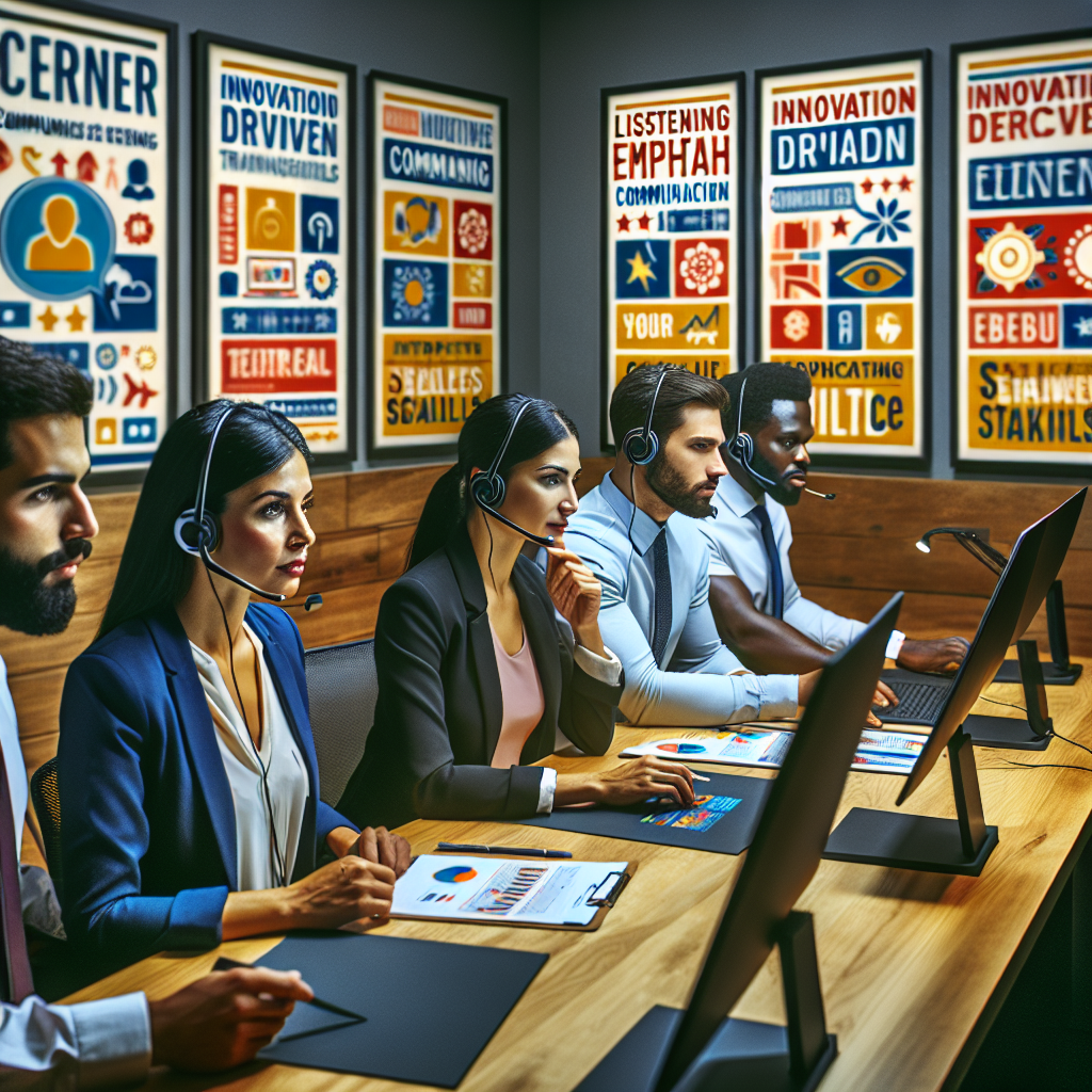 an image of a diverse group of IT salespeople participating in an interactive communication skills training, with a focus on listening, empathy, and negotiation. The room is vibrant with motivational posters and high-tech communication tools.