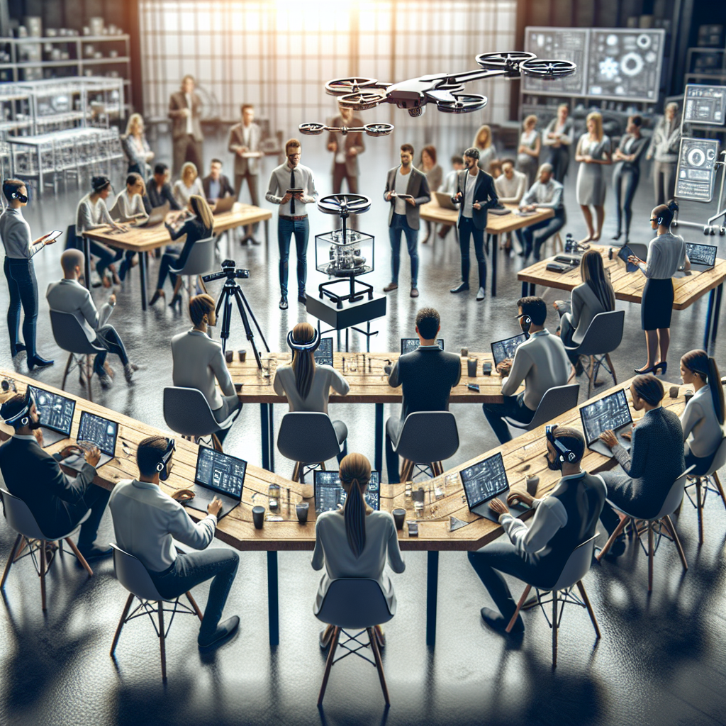 an image depicting an IT sales team immersed in a product expertise seminar, surrounded by the latest technology gadgets. The environment should reflect innovation and advanced understanding of technology products, with trainers demonstrating usage scenarios.