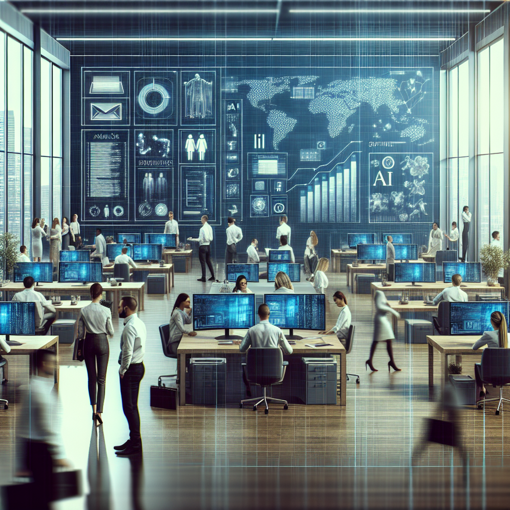 an image showing an IT company office where a team utilizes cutting-edge technological tools like AI analytics and CRM software, enhancing client relationships and sales success. The office is modern, with digital screens and virtual assistants facilitating operations.