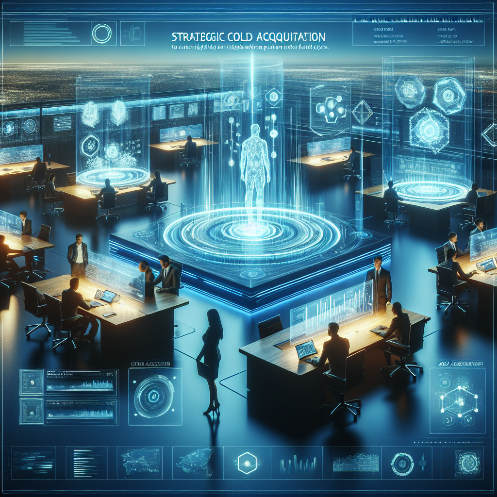 Generate an image of a futuristic office space where professionals are engaged in strategic cold acquisition using holographic technology and digital tools, showcasing a combination of human interaction and advanced software interfaces.