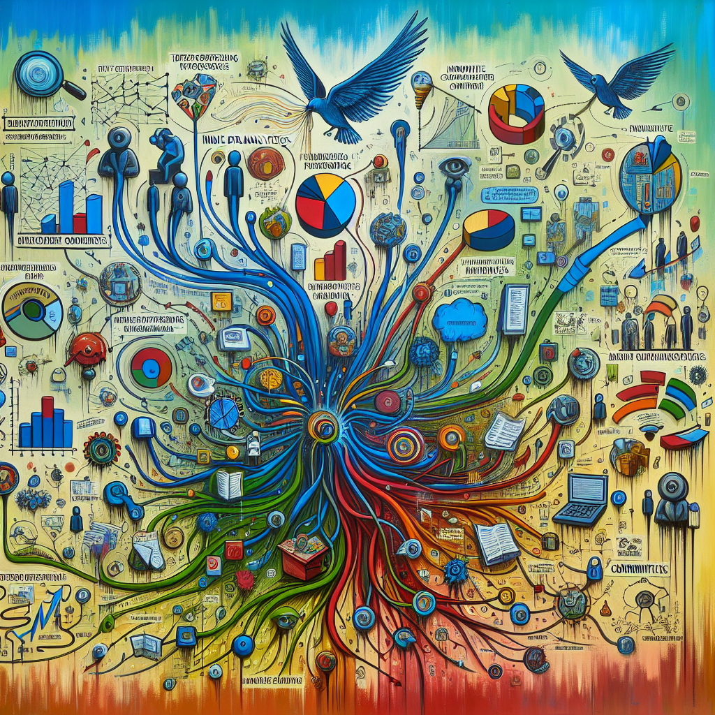 Generate an image of a creative mind map on a canvas depicting strategies for targeted prospecting in the software industry, with visual representations of data analytics, customer personas, and communication techniques.