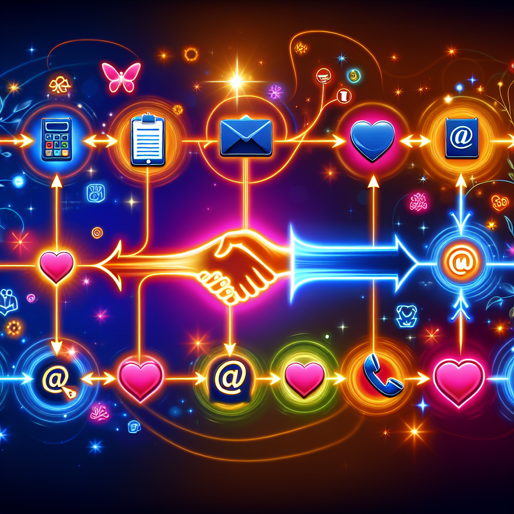 Generate an image of an animated follow-up sequence in a digital environment, showing various stages of customer engagement from initial contact to building valuable business relationships, using vibrant colors and dynamic flow charts.
