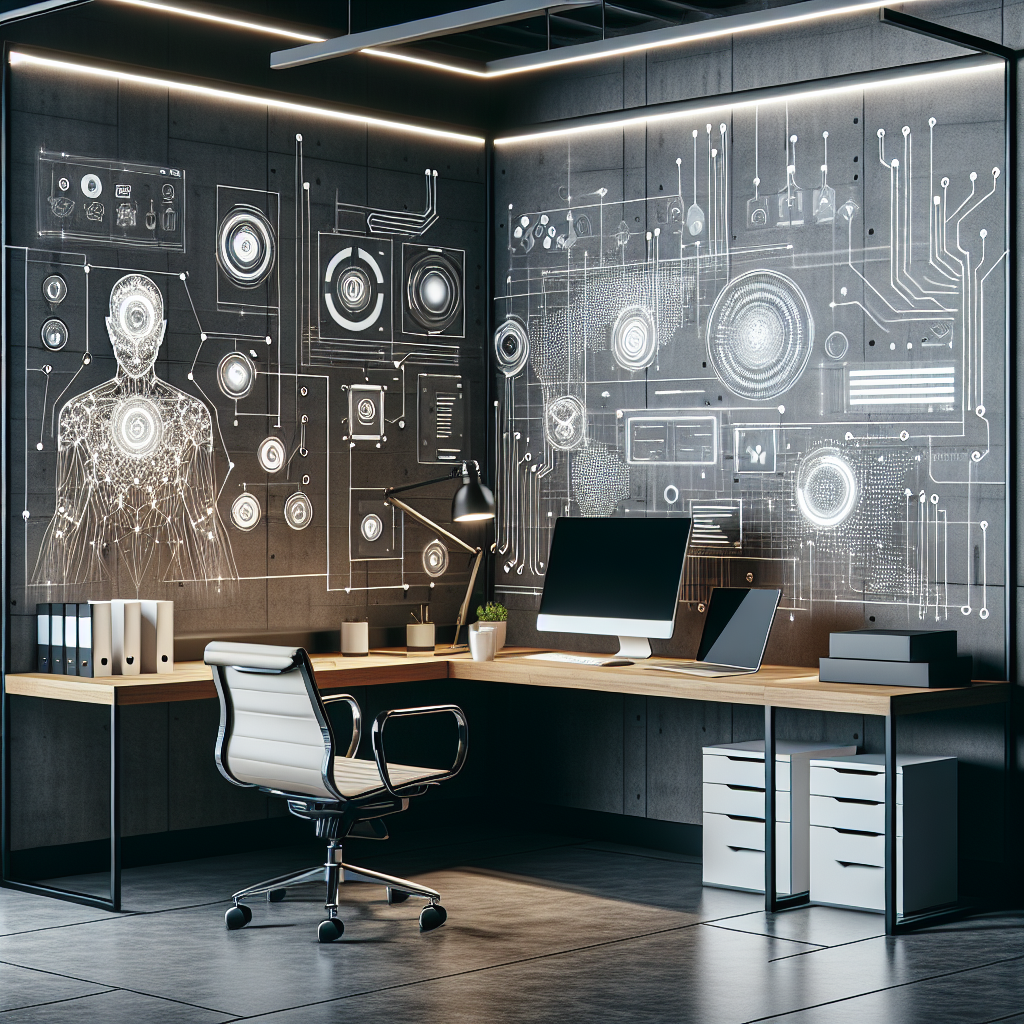 Generate an image of an elegant, modern workspace with a focus on optimizing processes in the software industry, illustrating the use of AI-driven technologies and automation tools, framed in a minimalist art style.