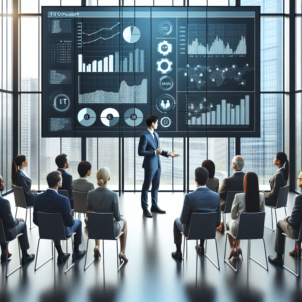 Generate an image of an IT consultant presenting a detailed case study to a group of business leaders. The consultant is standing in front of a large digital display showing graphs and data, illustrating the success and value of an IT solution. The room is modern and brightly lit, emphasizing a professional and engaging atmosphere.