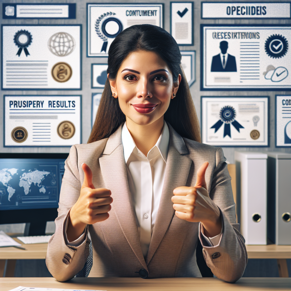 Generate an image of a satisfied customer giving a testimonial about an IT solution. The customer, a business professional, is in their office with awards and certificates in the background, indicating successful outcomes from the IT services. The image has a realistic and personable style, focusing on the customer's expressions of trust and satisfaction.