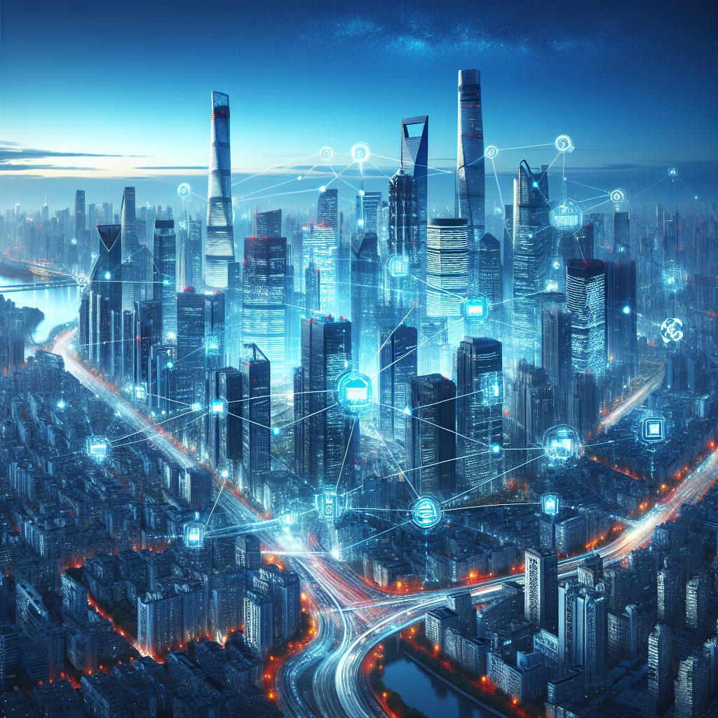 Generate an image of a futuristic and dynamic cityscape symbolizing the impact of IT solutions on business growth. The city is bustling with advanced technology, and digital connections are highlighted throughout the skyline. The image has a vibrant and high-tech aesthetic, representing innovation and credibility.