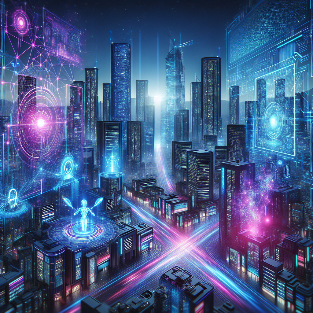 Generate an image depicting the fusion of digital transformation and AI innovation in cybersecurity. The scene should show a futuristic cityscape with interconnected digital networks and AI-powered robots actively monitoring the environment. The atmosphere should be high-tech, with bright neon lights and holographic interfaces.