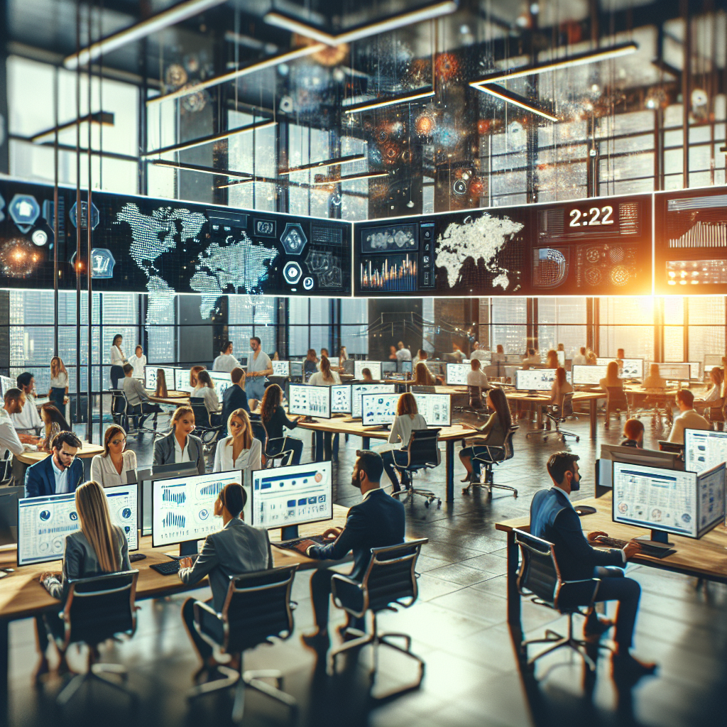 Generate an image of a bustling digital marketing hub with professionals collaborating on lead generation strategies for cybersecurity solutions. The setting should be a modern open office space filled with screens displaying data analytics, campaign dashboards, and content marketing visuals. The mood is dynamic and innovative.