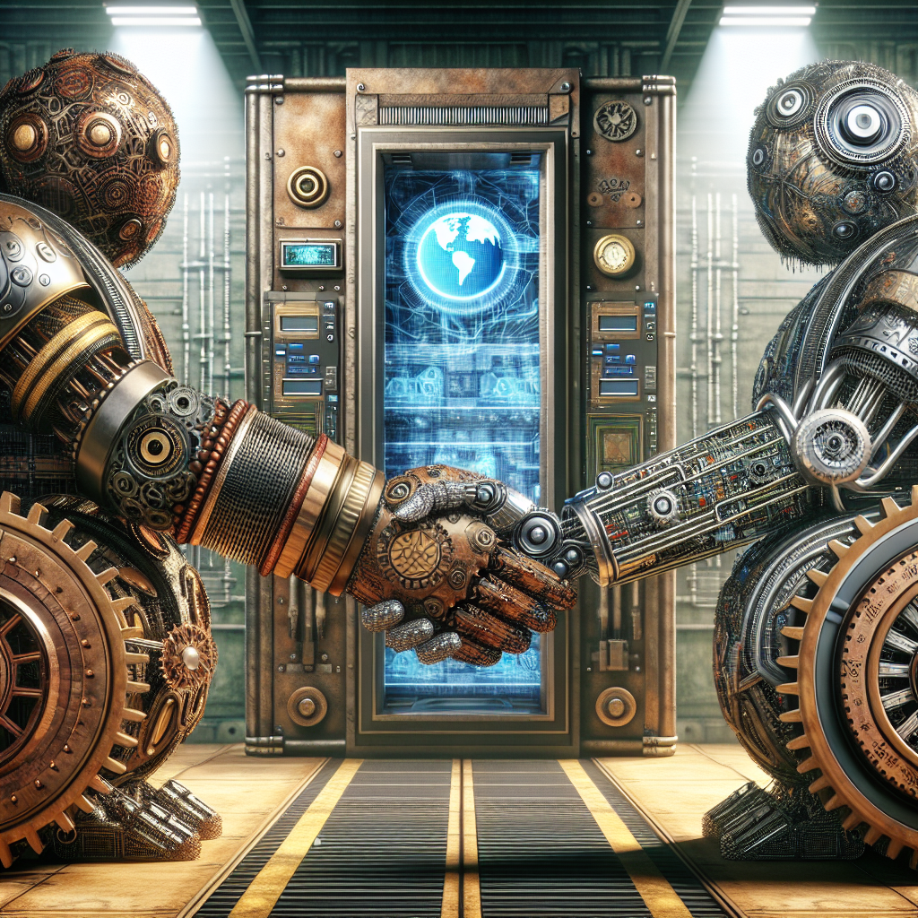 Generate an image illustrating a metaphorical representation of strategic partnerships in cybersecurity. Visualize two diverse and massive futuristic machines shaking hands, their gears and circuits interconnecting. In the background, a secure digital vault signifies the safeguarding of valuable leads. The art style should be steampunk-inspired.