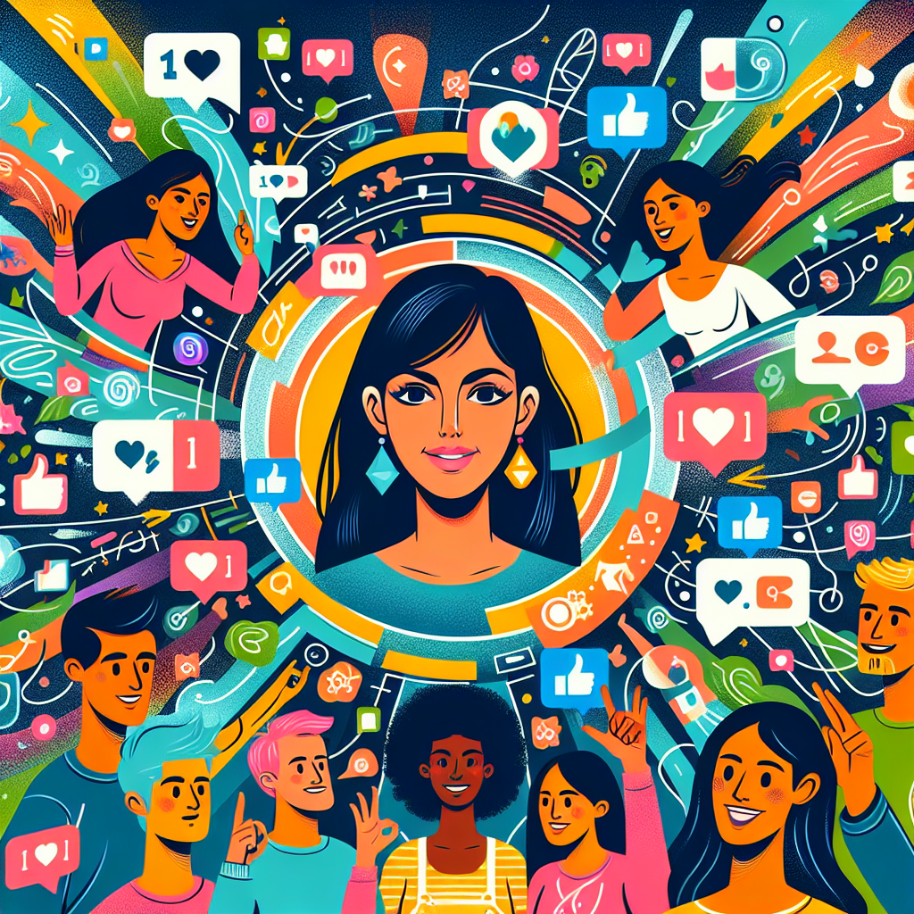 Generate an image depicting the power of social media marketing, with diverse avatars interacting through likes, shares, and comments around a central e-commerce brand logo. Use a colorful and playful illustration style to emphasize community engagement and brand loyalty.
