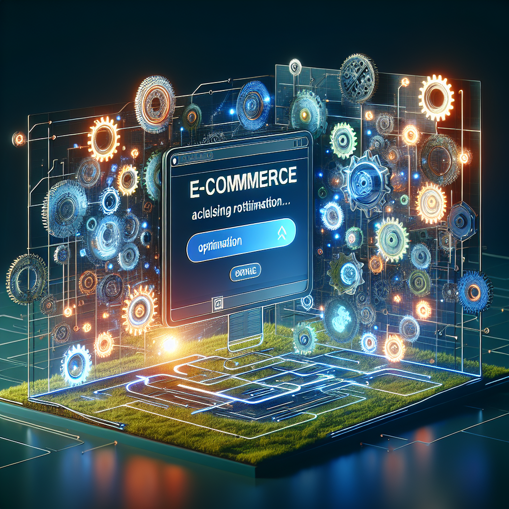 Generate an image depicting a bustling e-commerce website environment with visual elements symbolizing optimization, such as cogs and gears, intertwined with digital screens displaying product listings. The style should be futuristic with a blue and green color palette, showcasing interconnected pathways representing enhanced navigation.