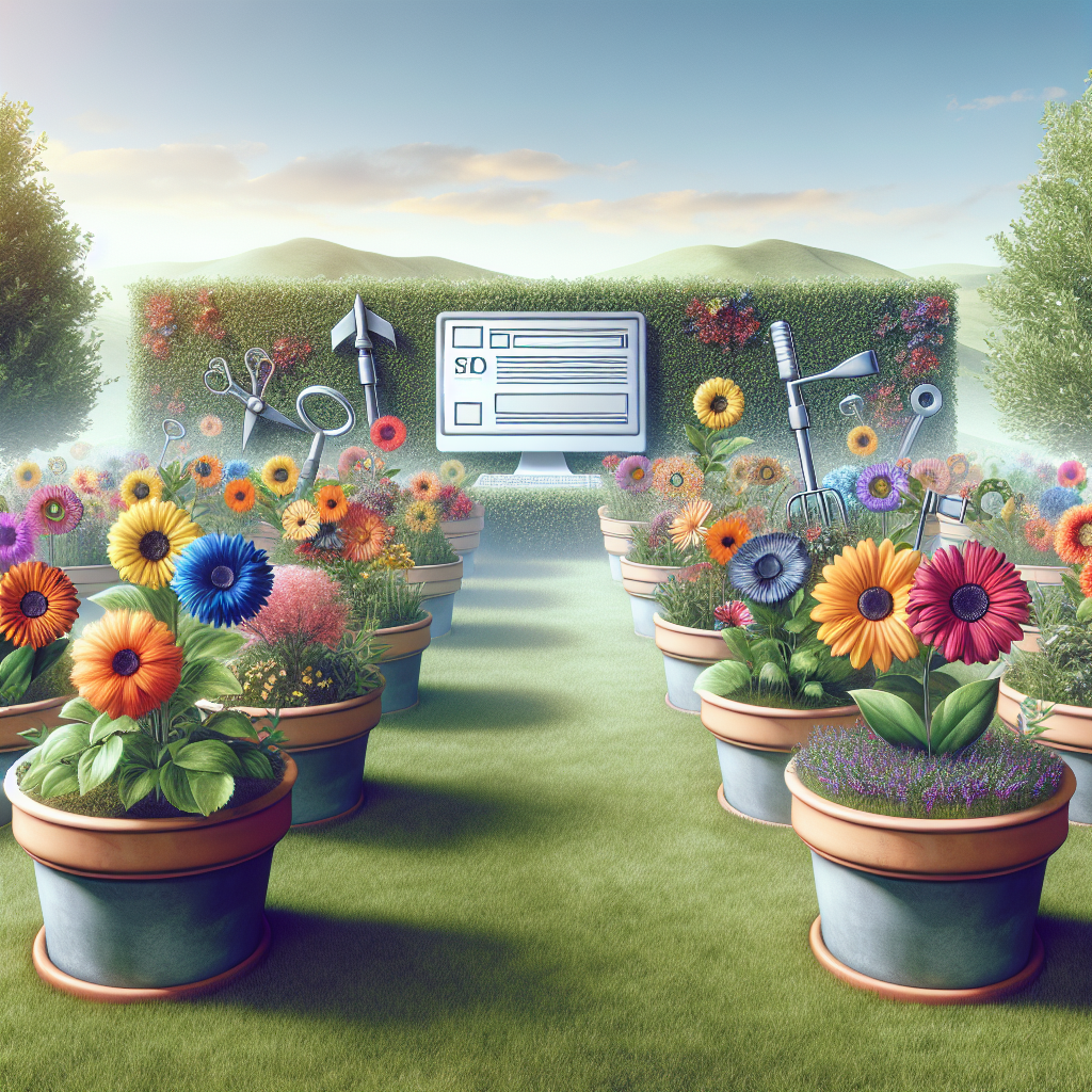 Generate an image illustrating the integration of SEO and content marketing through a metaphorical garden scene. Include computers as planters with blooming flowers representing successful online content. The scene should be vibrant and colorful, conveying growth and prosperity through digital means.