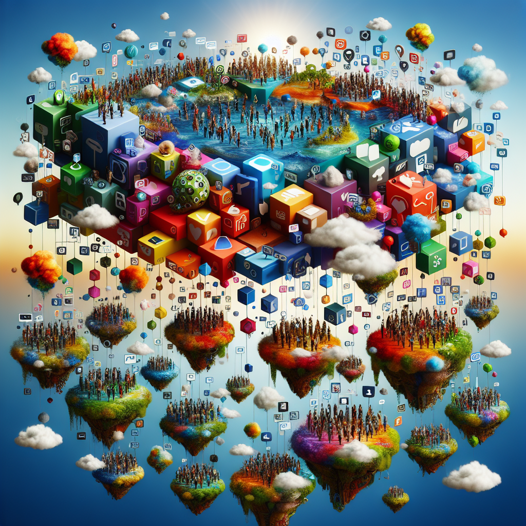 Generate an image of a dynamic social media landscape, where various platforms are depicted as floating islands connected by bridges. Shows people engaging and sharing content across these islands with a bright, diverse color scheme. Highlight the idea of community and connectivity in the digital space.