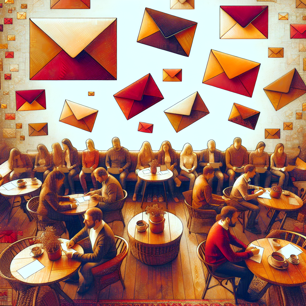 Generate an image portraying customer loyalty in e-mail marketing with personalized offers. Visualize this concept as an inviting cafe scene where customers receive envelopes with special deals, symbolizing e-mails. Use warm colors and cozy textures to emphasize a sense of satisfaction and exclusivity.