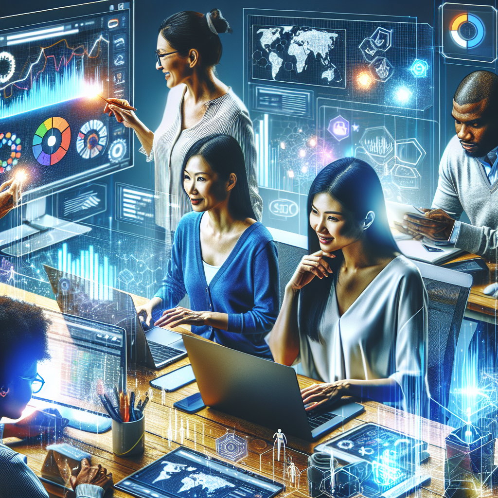 Generate an image of a diverse team of digital marketers collaborating in an innovative workspace, surrounded by digital screens displaying SEO keyword research tools and analytics for e-commerce. The setting should be vibrant, reflecting creativity and technology.