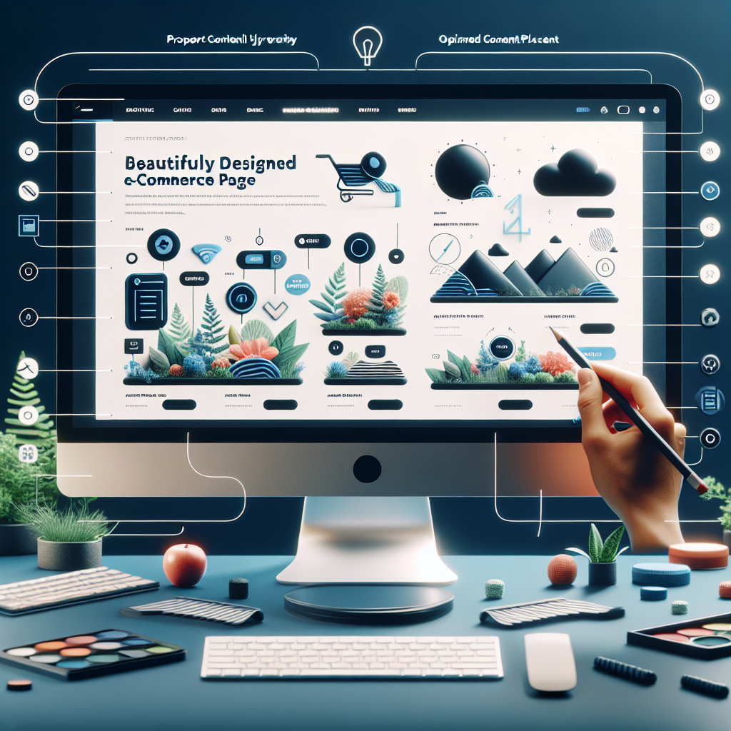 Generate an image of a beautifully designed e-commerce product page on a computer screen, showing perfectly optimized content, tags, and images. The focus is on clarity, aesthetics, and functionality, highlighting effective SEO techniques.
