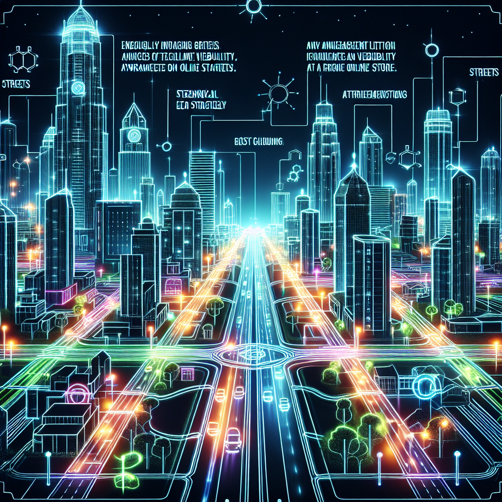 Generate an image of a complex city map at night, metaphorically representing the interconnected web of technical SEO strategies. Brightly lit streets symbolize pathways to increasing visibility and attracting qualified leads to an online store.