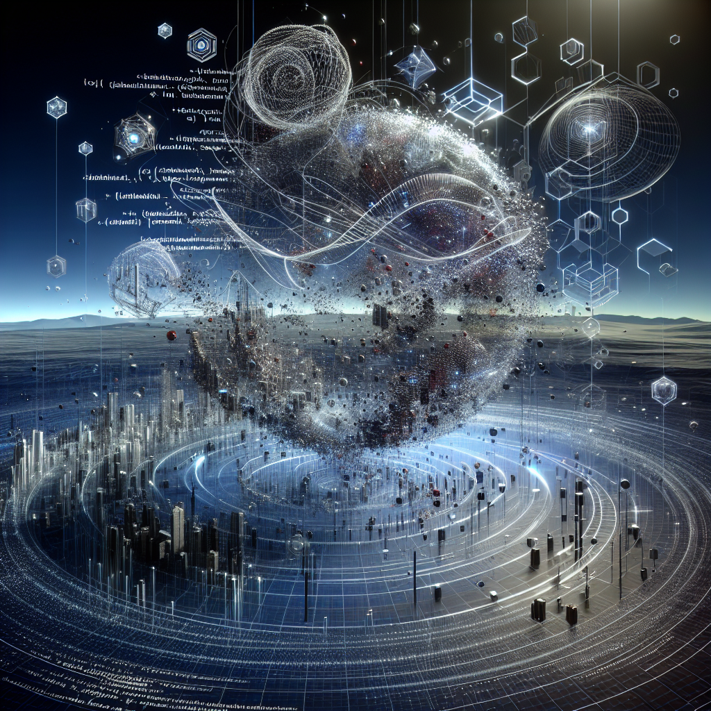 Generate an image of a futuristic digital landscape where abstract representations of search engines, algorithms, and SEO elements such as code snippets and graphs are floating in space, illustrating the concept of advanced technical SEO.
