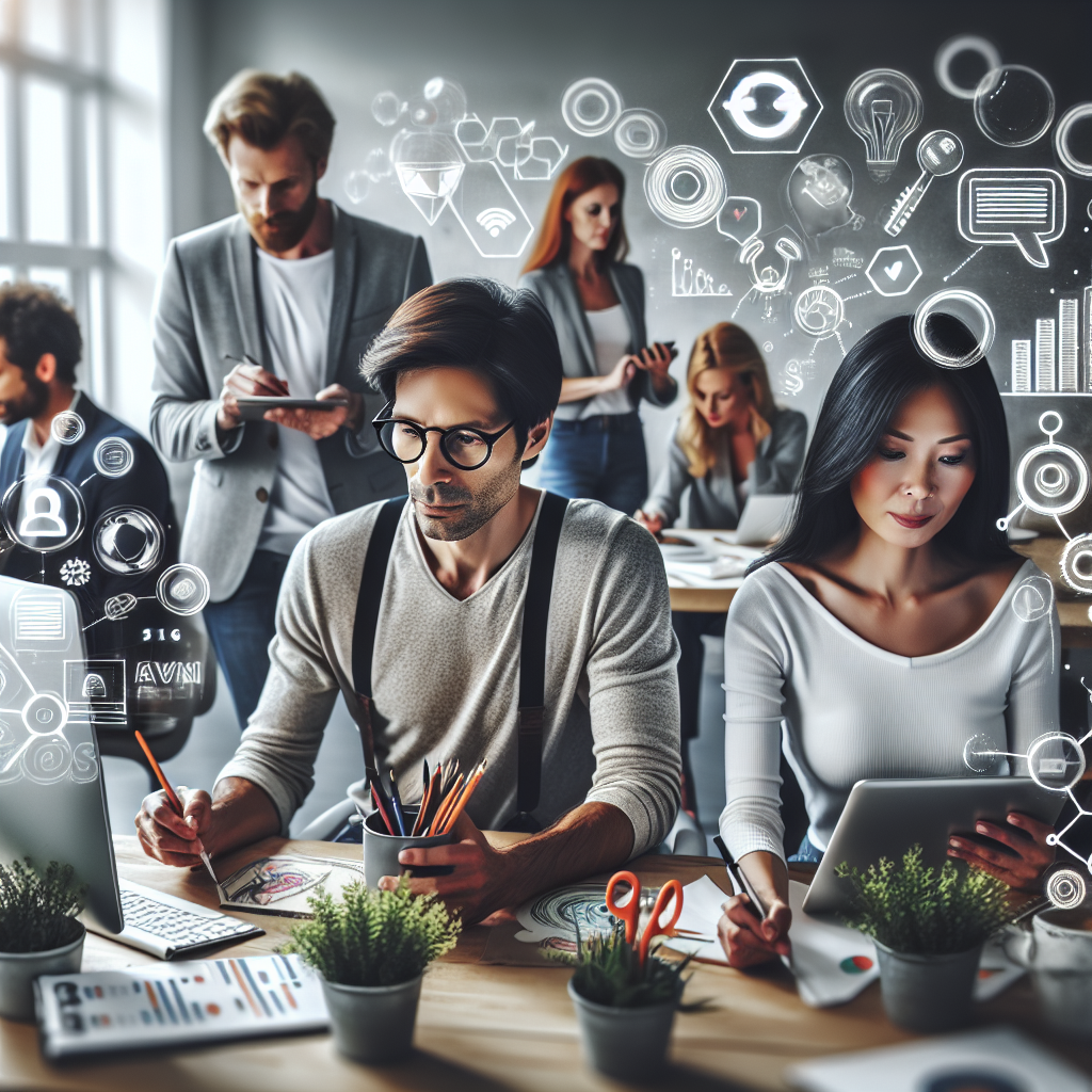 Generate an image depicting a workshop of skilled marketers crafting valuable content, with elements of visual content creation and SEO tools floating around them. Showcase a serene setting with an emphasis on creativity and thoughtful strategy, drawing attention to customer conversion methods.