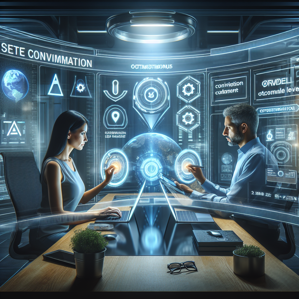 Generate an image of a futuristic digital marketing control room, where marketers are analyzing conversion data on holographic screens. The room is filled with symbols of e-commerce, visual content, and optimization tools, giving a sense of high-tech precision and targeted lead attraction.
