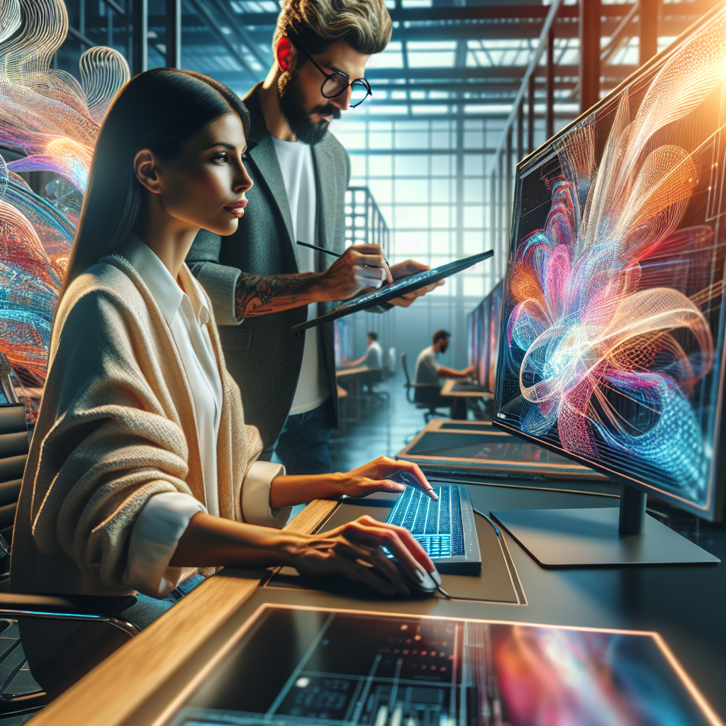 Generate an image illustrating a creative workspace where valuable content is being crafted for an e-commerce site, featuring a person writing engaging articles and designing eye-catching graphics on a high-tech desk.