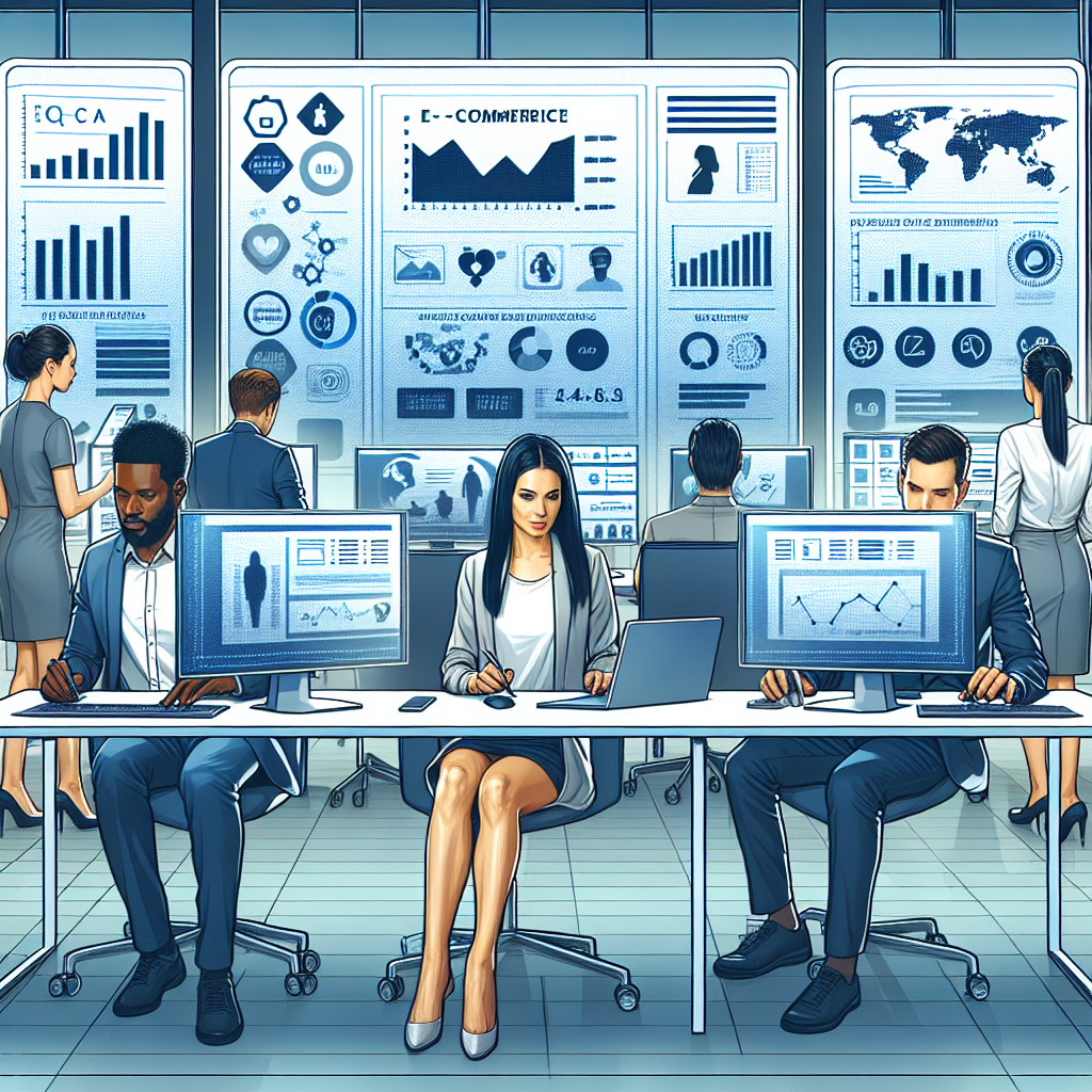 Generate an image of a modern e-commerce office where a team of diverse professionals is engaged in analyzing customer insights and data on large interactive screens. The room is filled with digital data visualizations showing trends in customer behavior and preferences.