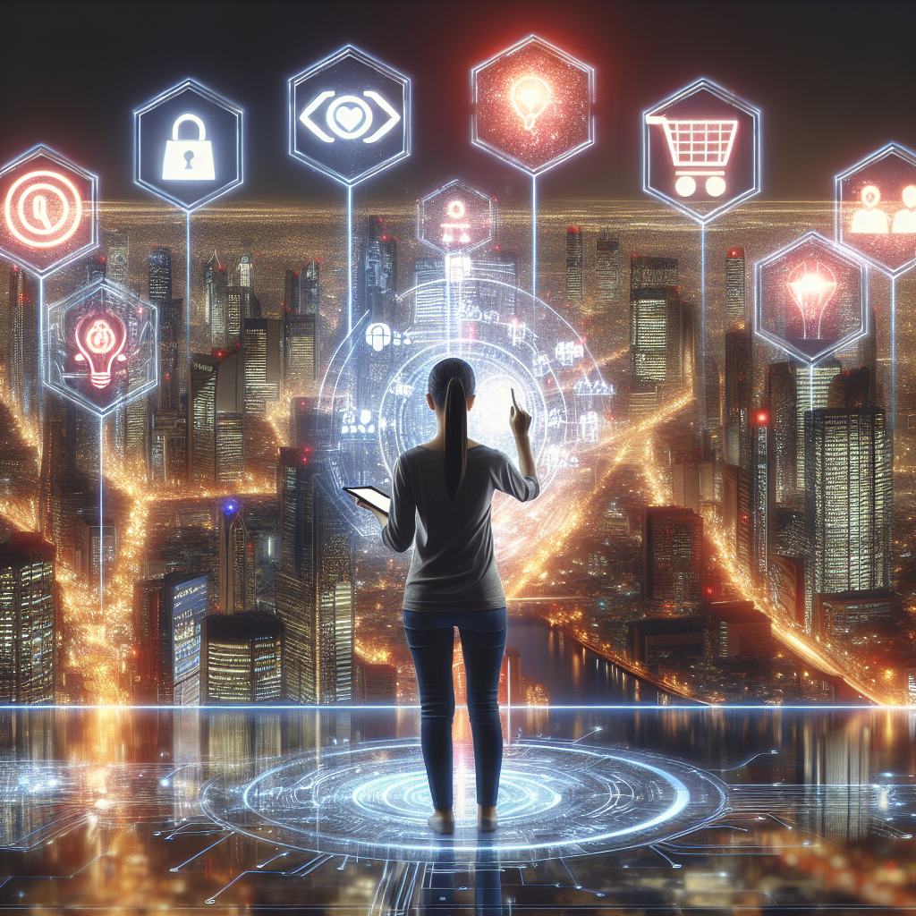 Generate an image of a futuristic cityscape where various e-commerce activities are illustrated by vibrant neon signs. In the foreground, a large transparent touch screen is displayed where a person is segmenting customer data using digital tools, representing the concept of customer segmentation.