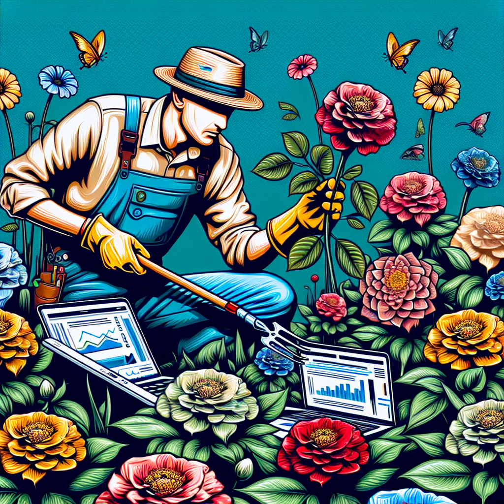 Generate an image of a creative visual metaphor: a digital garden where blooming flowers represent different customer segments. A knowledgeable gardener character is seen nurturing these flowers using data tools, symbolizing lead nurturing and scoring in e-commerce.