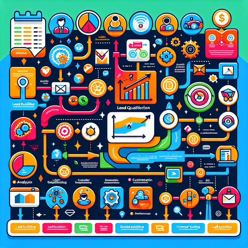 Generate an image of a dynamic infographic-style illustration showing a flowchart of the lead qualification process in e-commerce. It includes icons and symbols for data analysis, customer segmentation, and lead scoring, designed with bright colors and informative text elements.