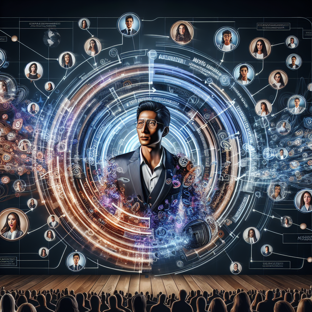 Generate an image of a visionary e-commerce business person surrounded by a swirling vortex of digital content pieces like blog posts, images, and videos. Include abstract representations of demographic avatars connected by network lines to visualize precise target audience segmentation. Emphasize movement and connectivity with a futuristic design.