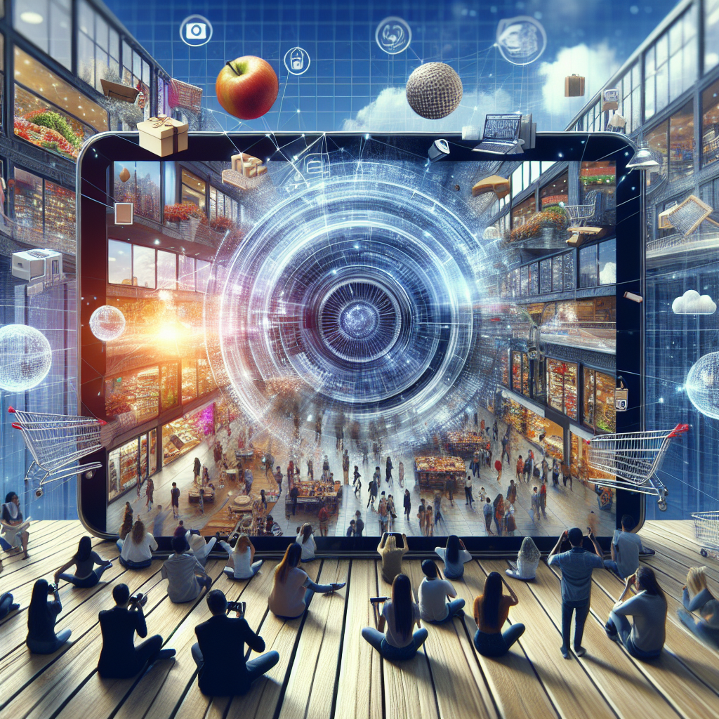 Generate an image of a bustling online marketplace scene viewed through the lens of a digital camera. Showcase dynamic elements like shopping carts, user interactions, and targeted ads seamlessly integrated into the environment. Highlight interaction and engagement with subtle highlights and creative composition techniques.