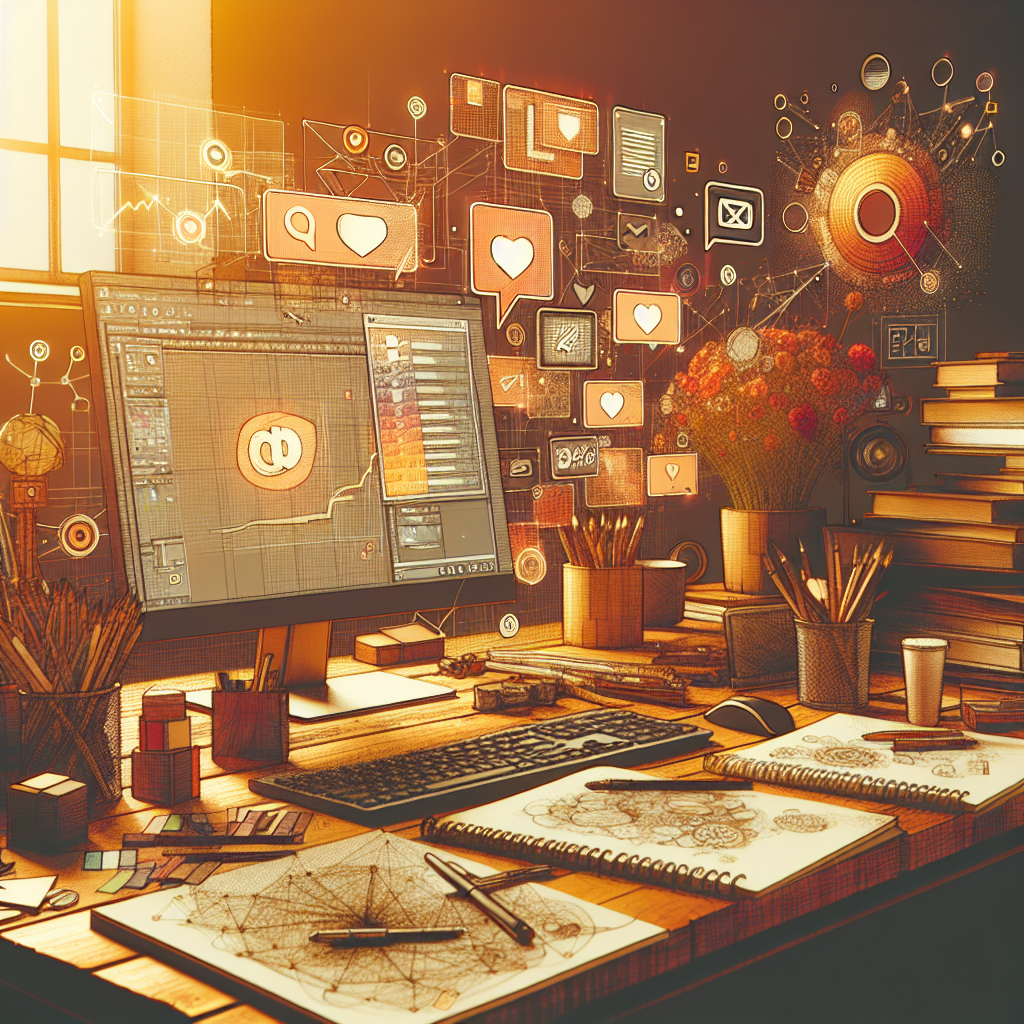 Generate an image of a creative workspace with a digital artist’s desk cluttered with sketchbooks, screens, and social media notifications popping up. Illustrate a blend of traditional and digital artistry, focusing on creating valuable content, with a detailed, warm-toned palette conveying creativity and innovation.