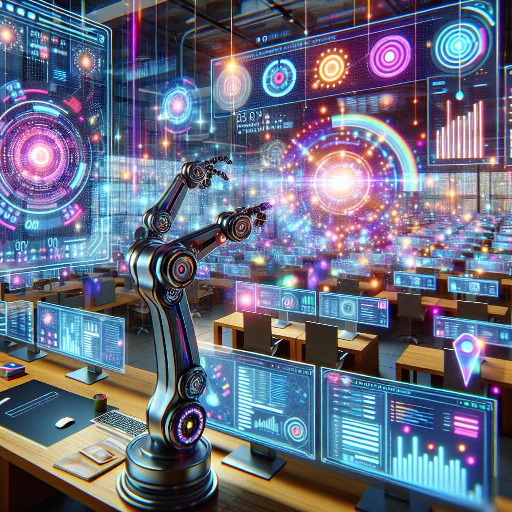 Generate an image of a futuristic e-commerce setup where a robotic arm is efficiently managing CRM systems, with digital dashboards displaying customer engagement metrics and lead generation statistics. The background should be a modern office space with glowing digital interfaces and vibrant color tones.