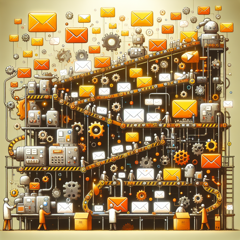 Generate an image of an imaginative e-mail marketing process depicted as a whimsical factory. Convey conveyor belts processing emails, small robots personalizing messages, and a dynamic network sending out campaigns to potential e-commerce leads. Use warm, inviting colors to symbolize connectivity and outreach.