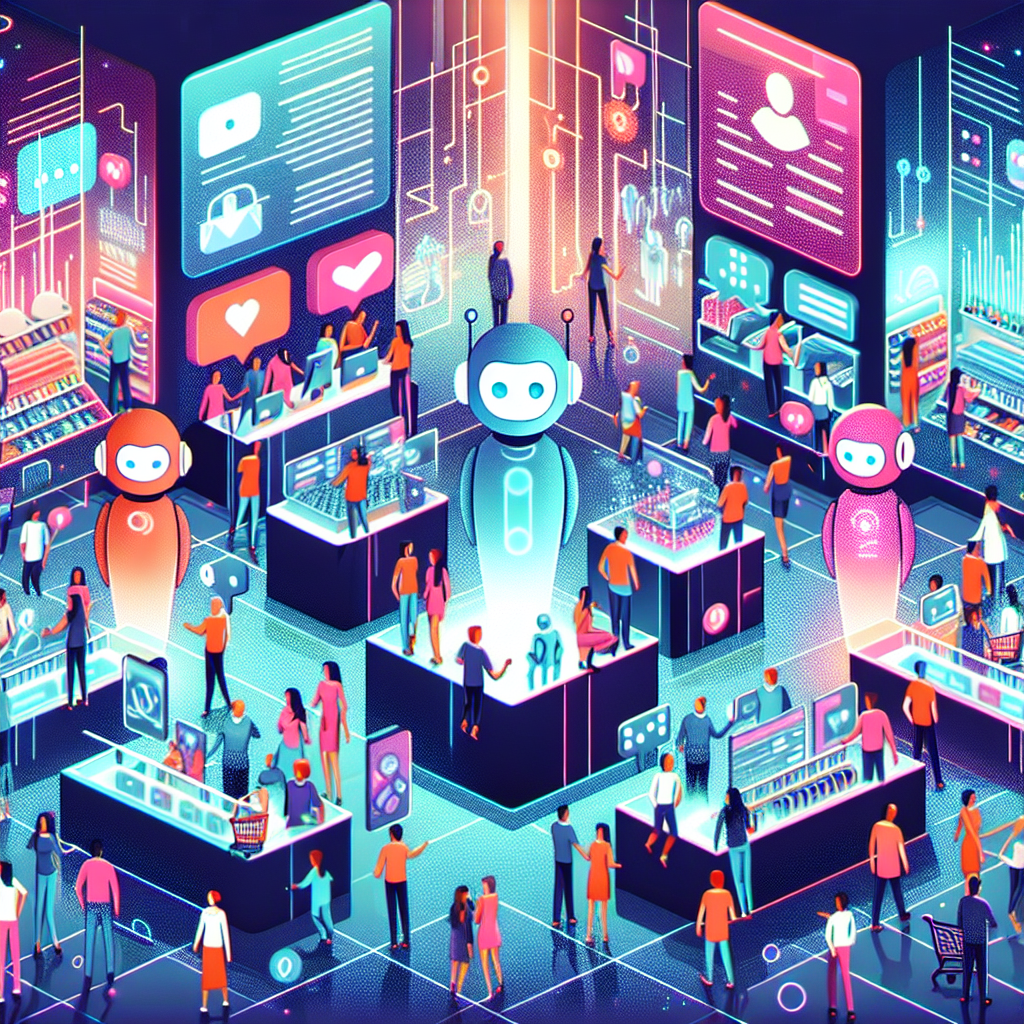 Generate an image of a bustling digital marketplace where chatbots are interacting with customers. Show friendly, anthropomorphic chatbots engaging with humans, answering queries, and providing recommendations. The scene should be lively, colorful, with a touch of futuristic aesthetics, representing seamless communication.