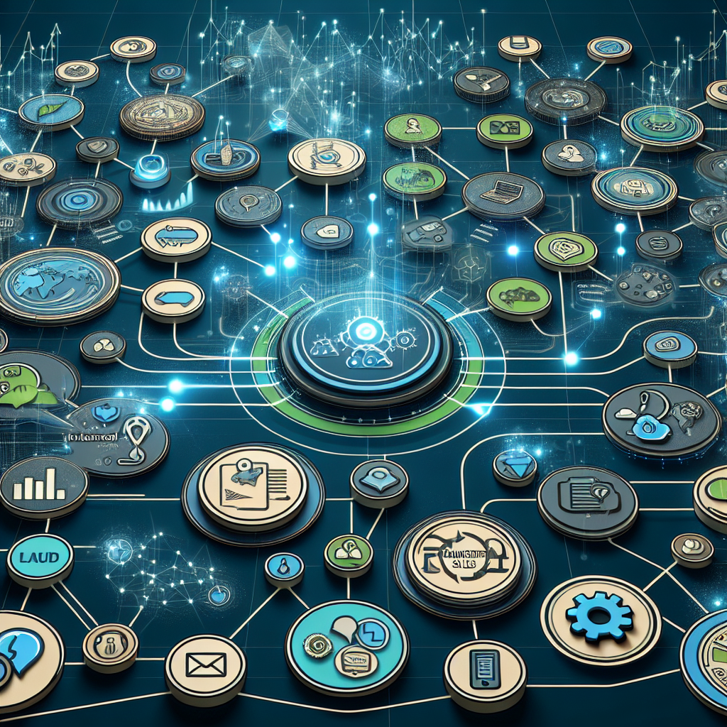 Generate an image of a strategic lead generation map, where lines and markers connect different digital tools such as CRM, e-mail, and chatbot interfaces. Envision it as a digital treasure map, with icons representing insights and success, all converging towards a central hub labeled 'Enhanced Sales'. Use a blend of cool blues and vibrant greens for a balanced techy feel.