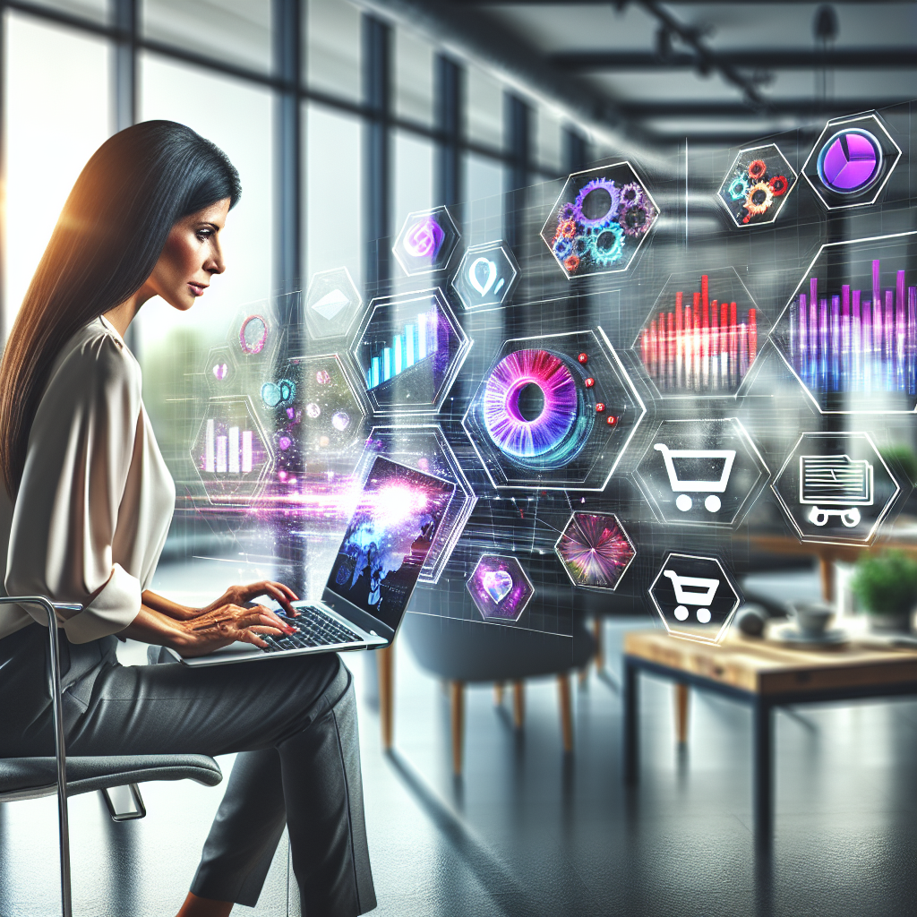 Generate an image of a marketing strategist analyzing data charts and graphs on a laptop screen, surrounded by e-commerce icons such as shopping carts, emails, and digital marketing symbols, in a modern office setting.