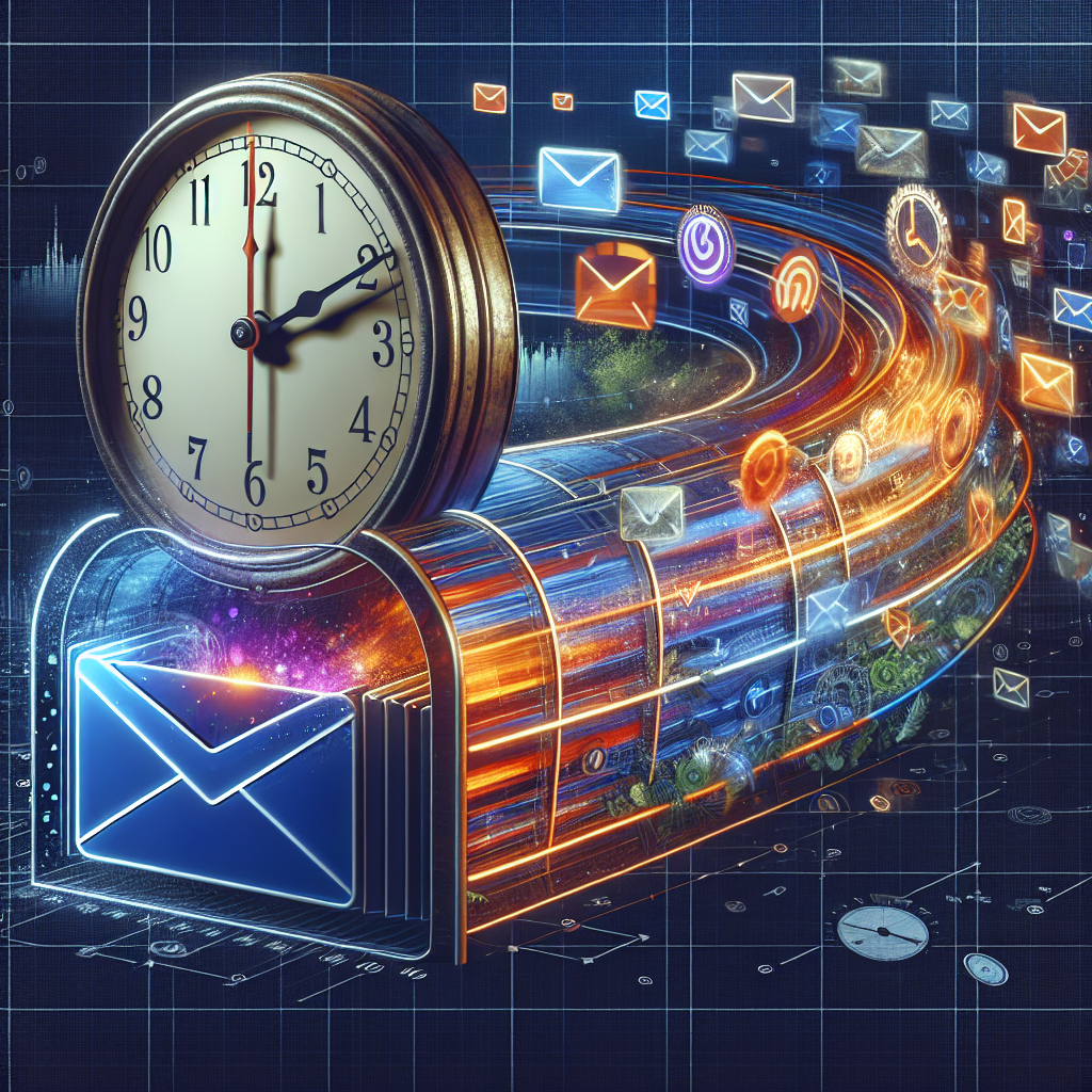 Generate an image of a clock overlaying an email inbox, symbolizing perfect timing for sending email campaigns. Incorporate a background of night-to-day transition illustrating optimal timing strategies, highlighted with dynamic and vivid colors.