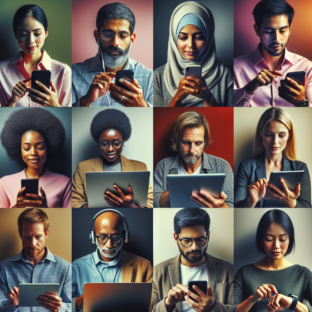 Generate an image of a diverse group of people receiving e-mails on their phones and laptops. Each person should have a unique profile representing various demographics, symbolizing personalized communication in e-commerce campaigns.