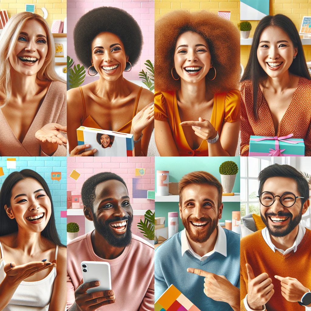 Generate an image of a diverse group of happy customers sharing their personal stories and testimonials in a vibrant and lively setting, showcasing different products from an e-commerce store. The image should emphasize human connection, trust, and genuine expression, using a bright and welcoming color palette.