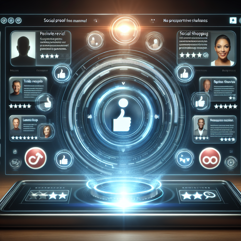 Generate an image of a futuristic digital platform that visually represents the concept of social proof in e-commerce. The digital interface should display various customer testimonials and success stories as floating holograms, with a sleek and modern design, highlighting the impact of positive feedback on potential buyers.