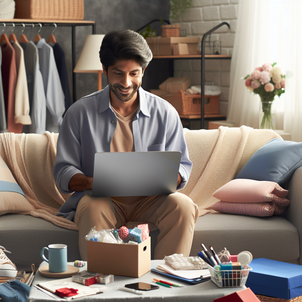 Generate an image of a cozy, inviting home setting where a satisfied customer is writing a testimonial on their laptop, surrounded by recently purchased online products. The atmosphere should be warm and relatable, with soft lighting and muted colors, symbolizing trust and personal experience in e-commerce.