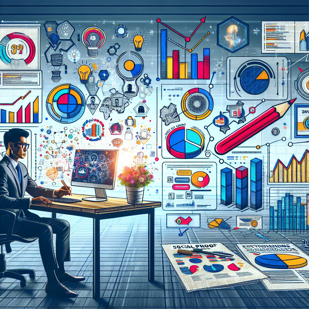 Generate an image of a marketing strategist's workspace filled with charts, graphs, and visual data showcasing the power of customer testimonials in enhancing lead generation for e-commerce. The scene should be dynamic and analytical, with vibrant accents in the data visualizations, illustrating the strategic importance of social proof.