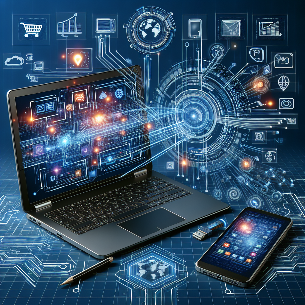 Generate an image of a modern online store's interface with an integrated omnichannel strategy. The image should include digital shopping elements like a laptop and a smartphone connected by vibrant digital lines, symbolizing connectivity. The background should be futuristic with digital data streams and e-commerce icons.