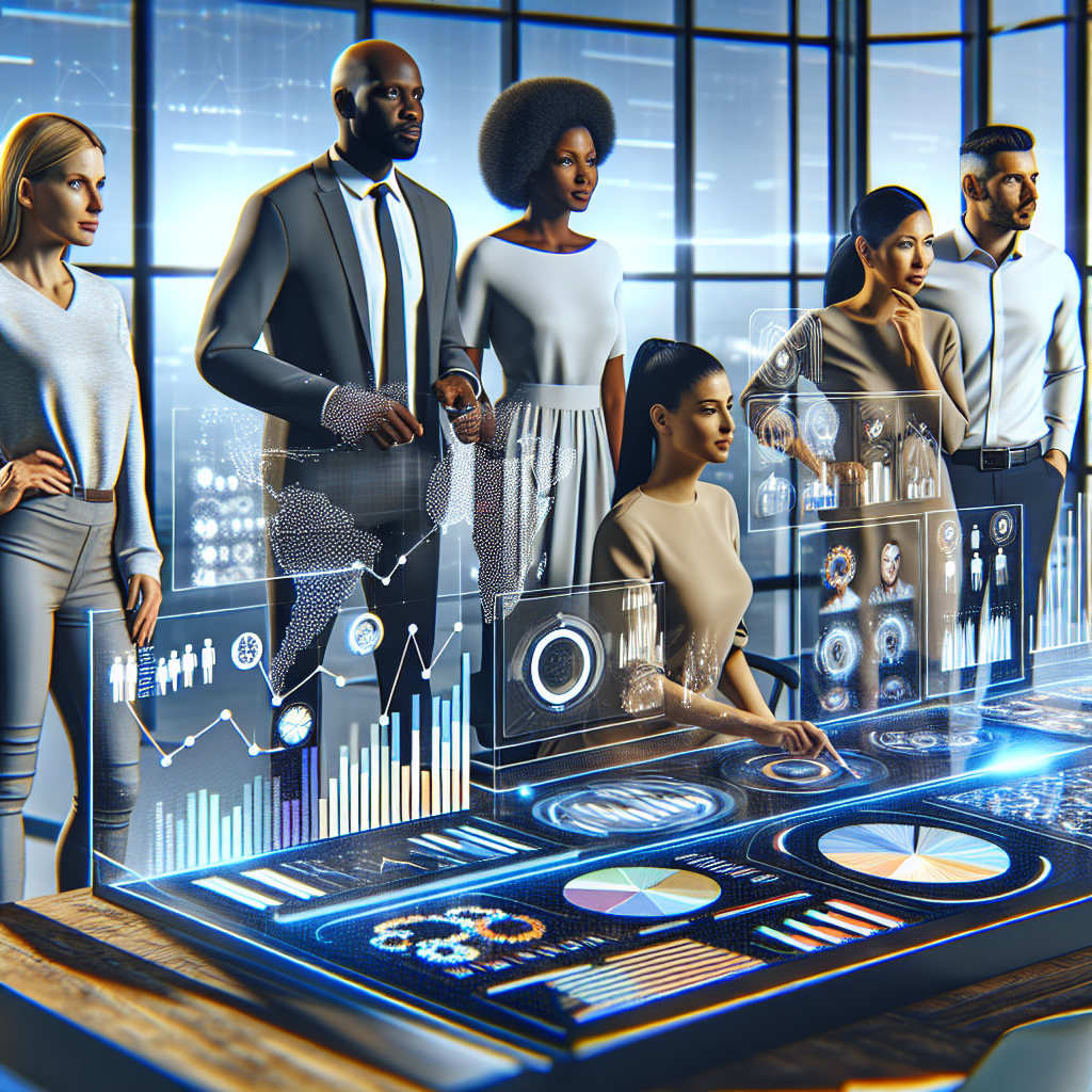 Generate an image illustrating advanced analytical tools being used in lead generation for online stores. Show a diverse team analyzing data on large digital screens filled with graphs and customer insights. Include elements like holographic displays and dynamic charts, set in a sleek, technology-driven environment.
