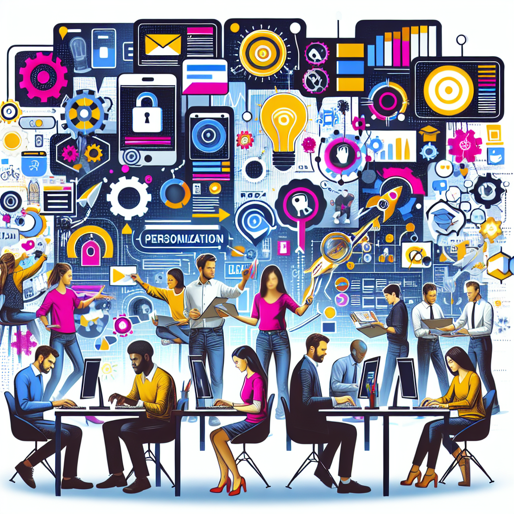 Generate an image of personalized content strategies in action for an online store. Show a marketing team crafting unique, targeted messages using a variety of media types on a digital desk filled with colorful content boards and personalization algorithms depicted as floating text bubbles.