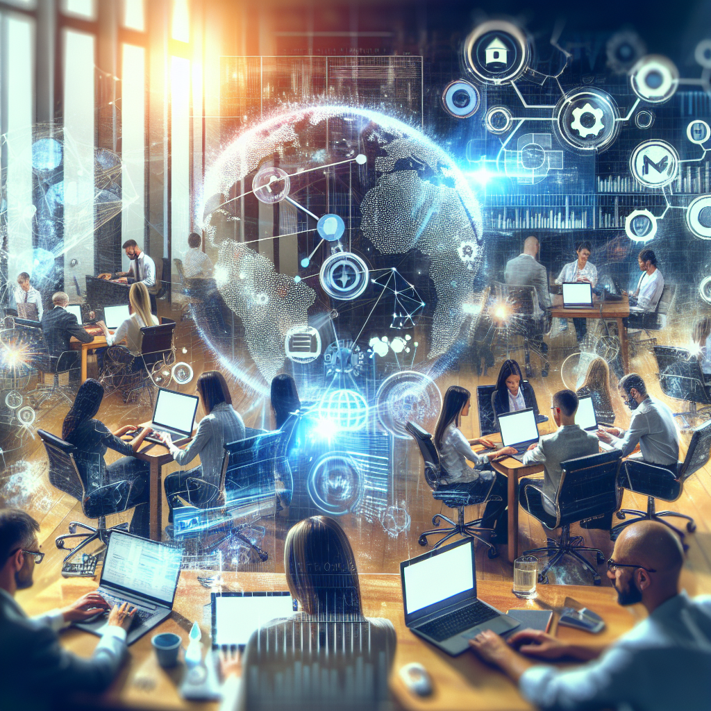 Generate an image of a bustling e-commerce workspace filled with data charts, SEO keyword research tools, and a team collaborating on laptops, showcasing a productive environment focused on leveraging SEO for increased online visibility.