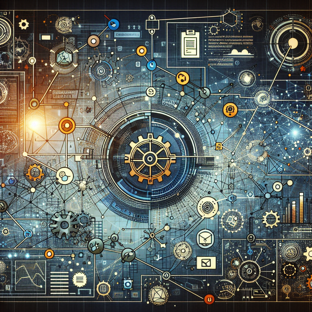Generate an image of a futuristic digital interface representing technical optimization in e-commerce. Include abstract elements like interconnected networks, algorithms, and gears to symbolize the complexity and importance of technical SEO strategies.